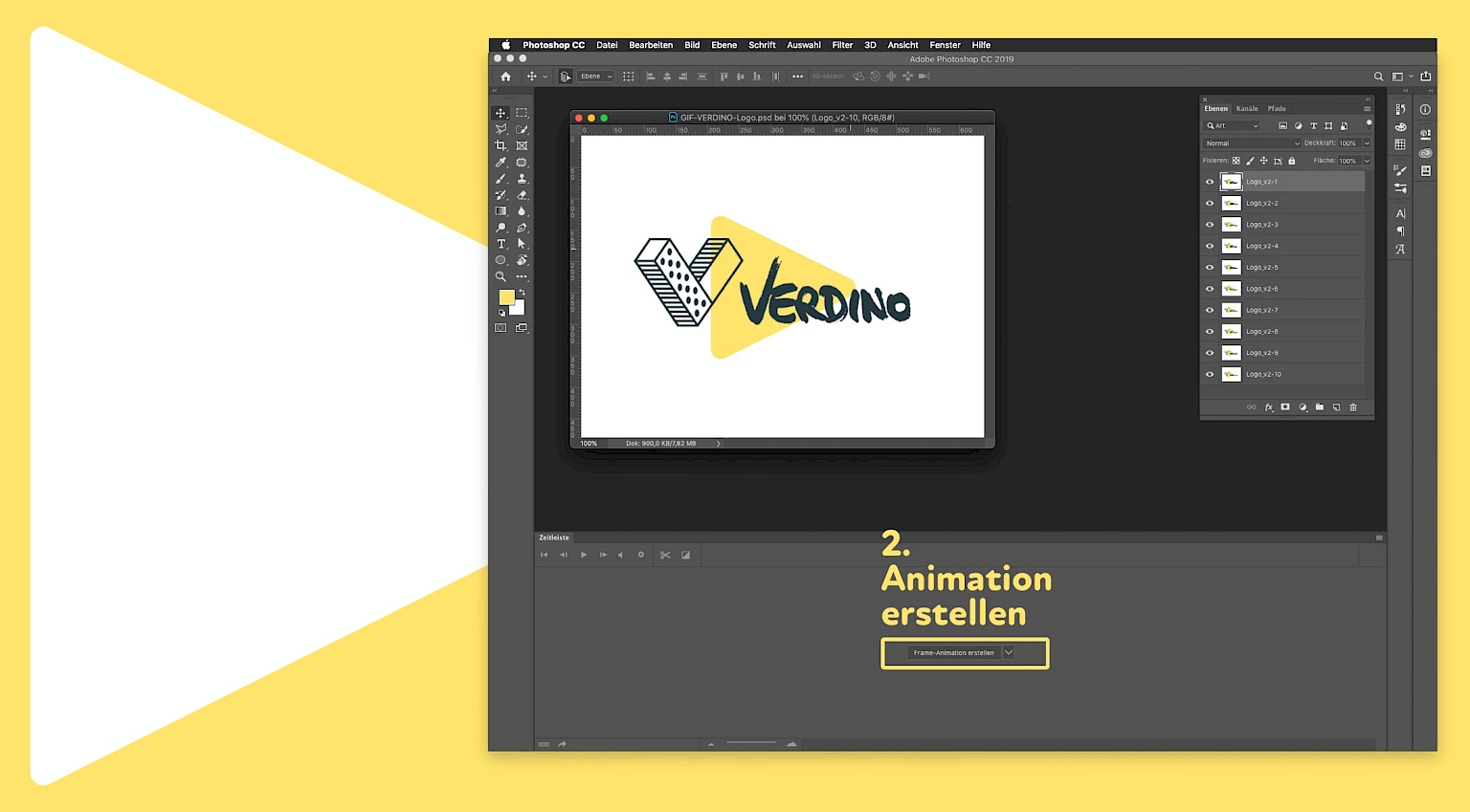 Screenshot von Adobe Photoshop mit geoeffneter Datei Logo von Verdino und Ebenenliste mit mehreren Logo-Versionen