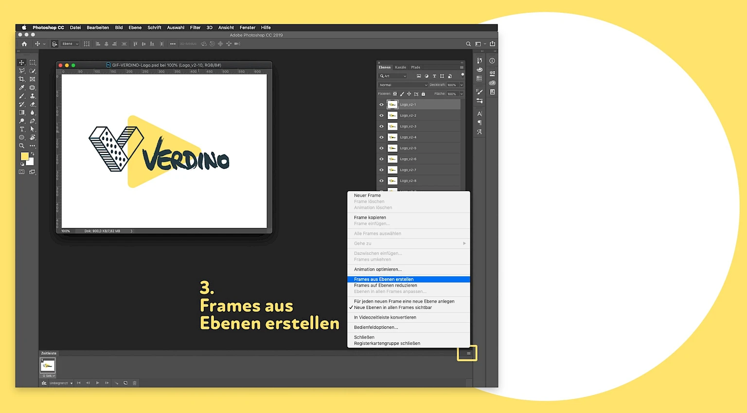 Screenshot von Adobe Photoshop mit geoeffnetem Kontextmenue und Erstellung von Frames aus Ebenen