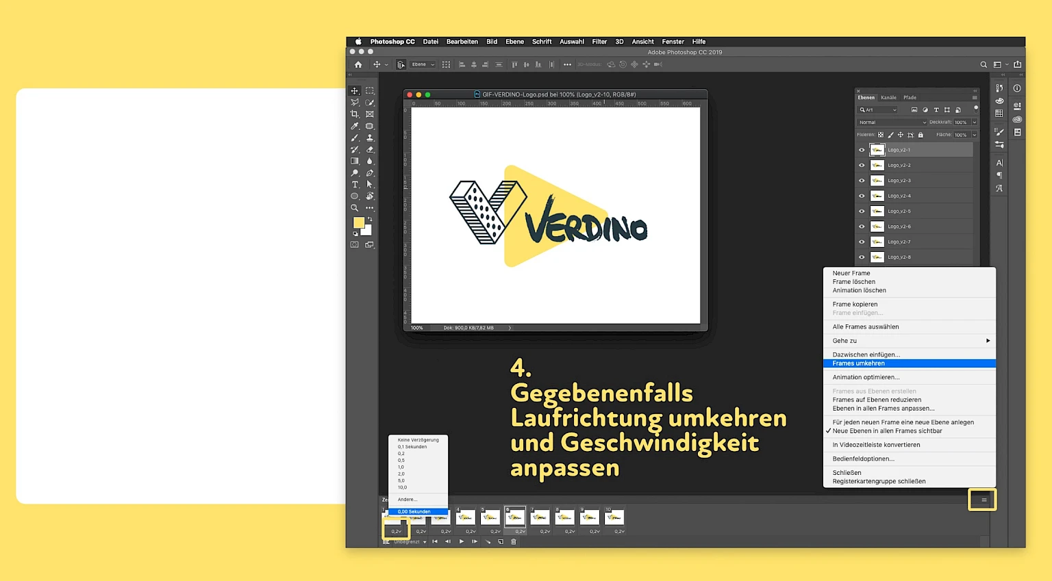 Screenshot von Adobe Photoshop mit Dropdown-Menue zur Anpassung der Frame-Verzoegerung