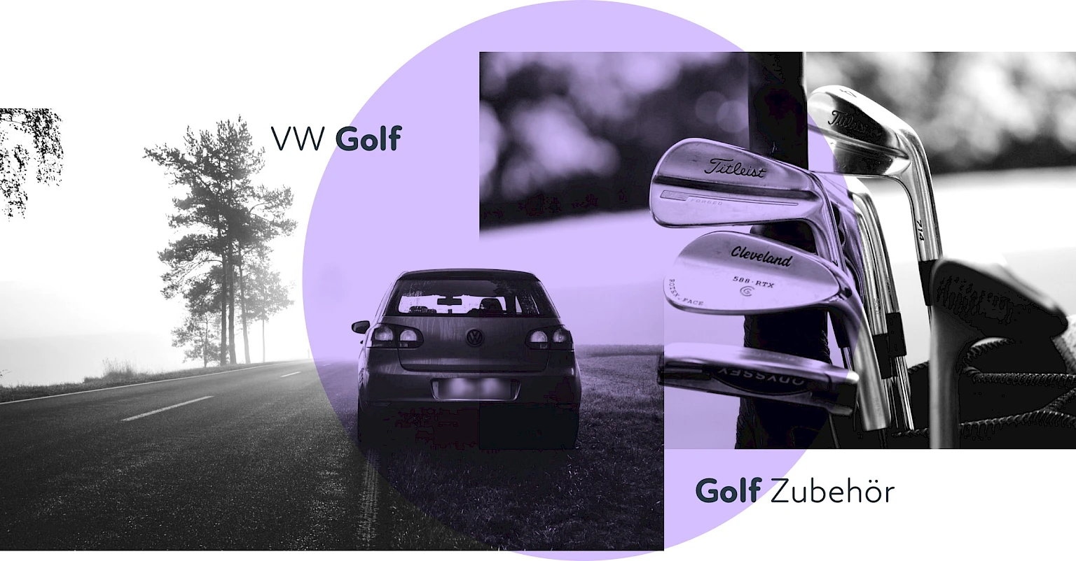 VW Golf auf Landstraße neben Nahaufnahme von Golf-Schlaegern