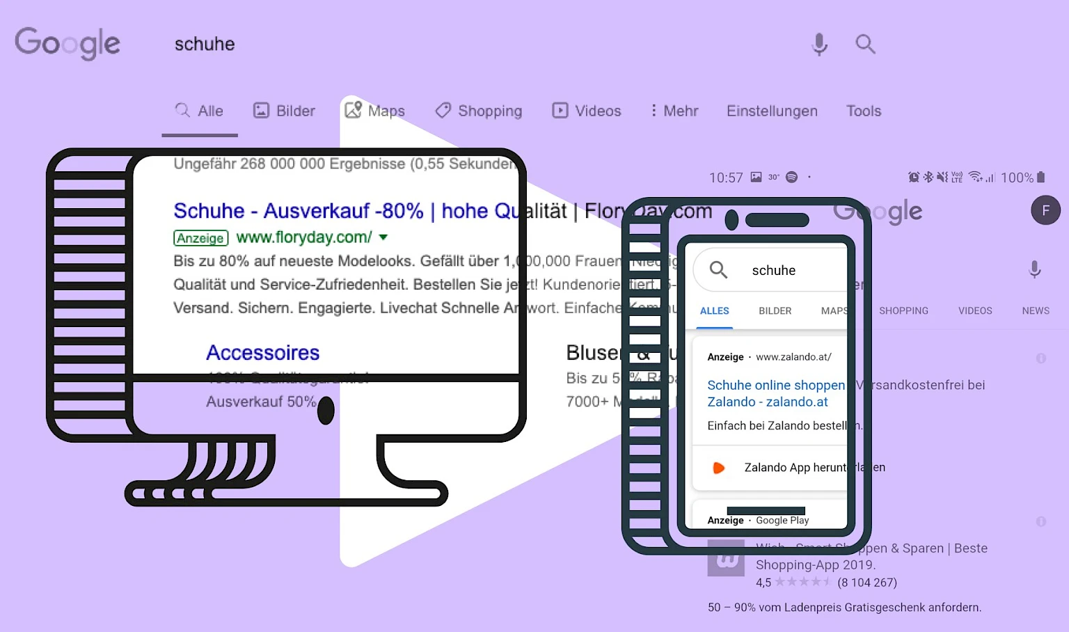 Vergleich der Suchergebnisse für Schuhe auf Desktop und Smartphone