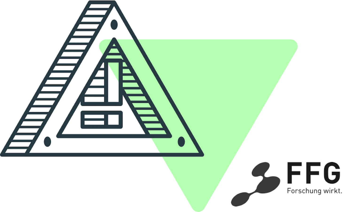 Geometrischen Dreieck mit Rufzeichen begleitet vom Logo der FFG (Forschungsfoerderungsgesellschaft)