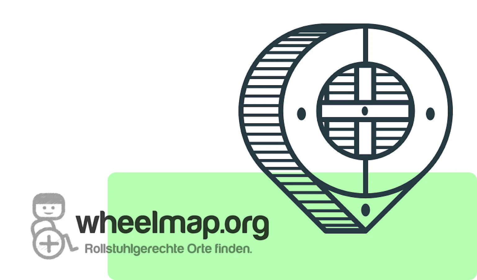 Karten-Pin im Verdino-Style neben Logo von wheelmap.org mit Slogan Rollstuhlgerechte Orte finden