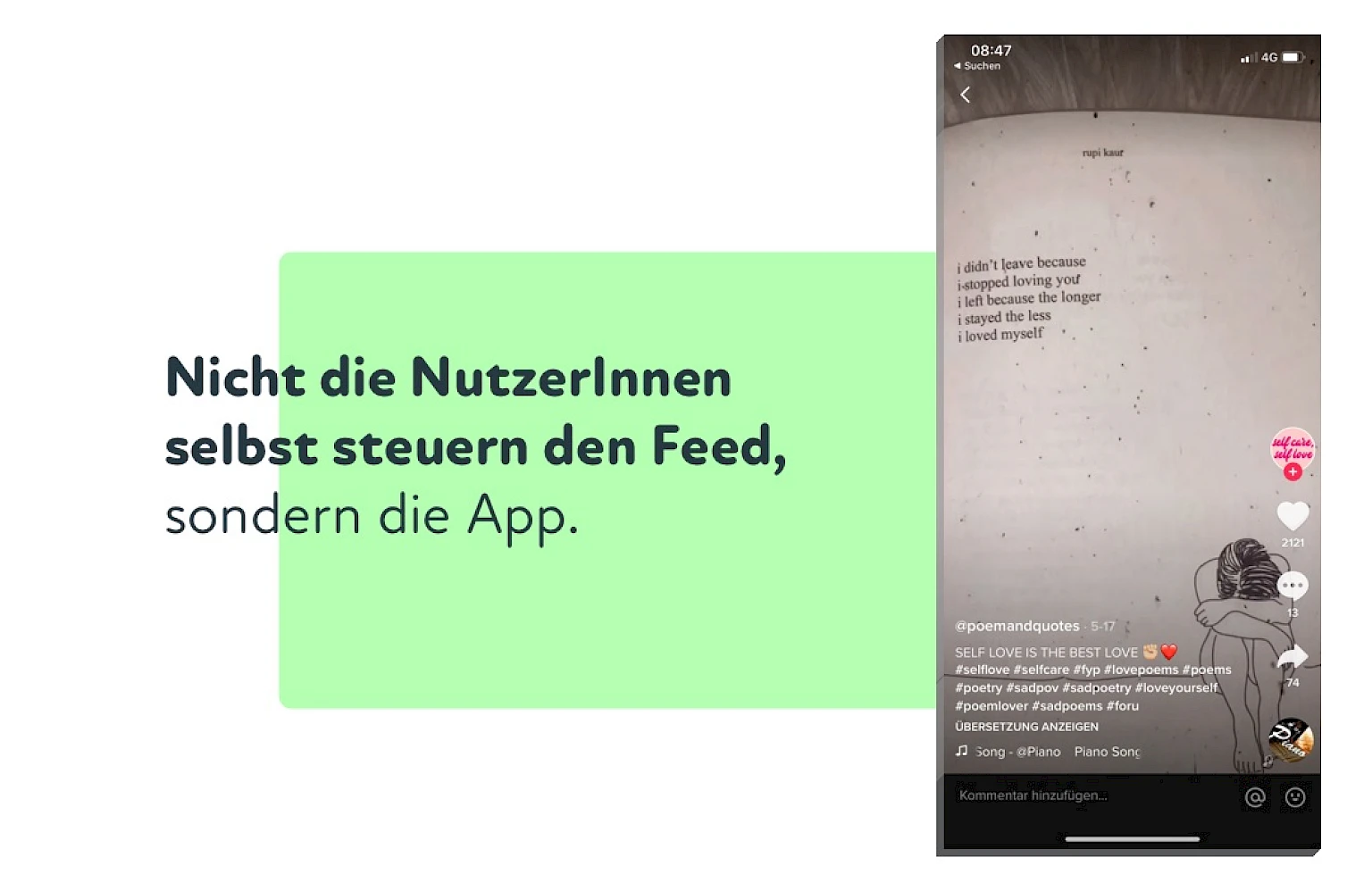 Info zu Appsteuerung neben Screenshot von TikTok Video mit Spruch
