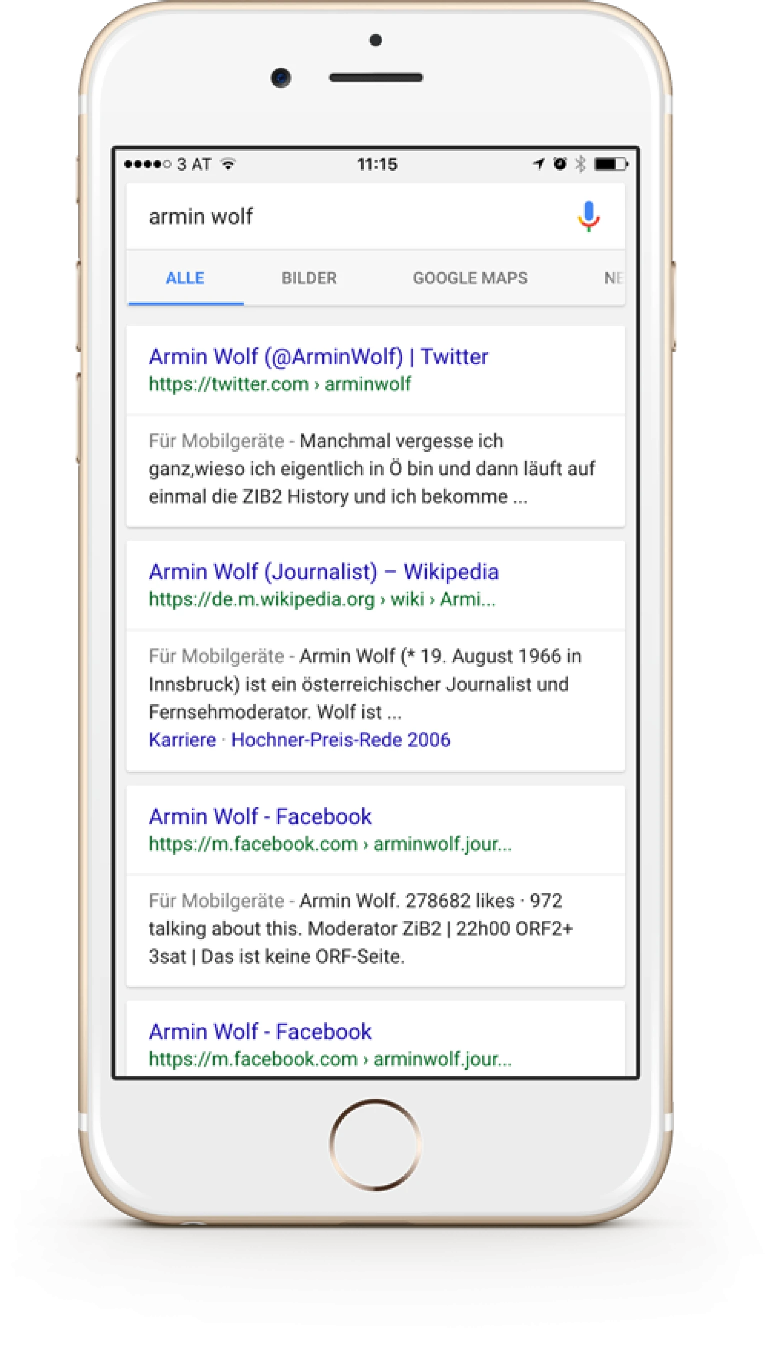 iPhone mit Google Suchergebnissen zu armin wolf: Twitter, Wikipedia und Facebook als Top-Ergebnisse