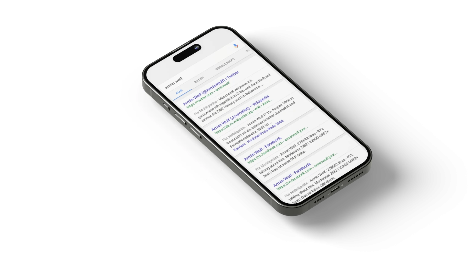 iPhone mit Google Suchergebnissen zu armin wolf: Twitter, Wikipedia und Facebook als Top-Ergebnisse