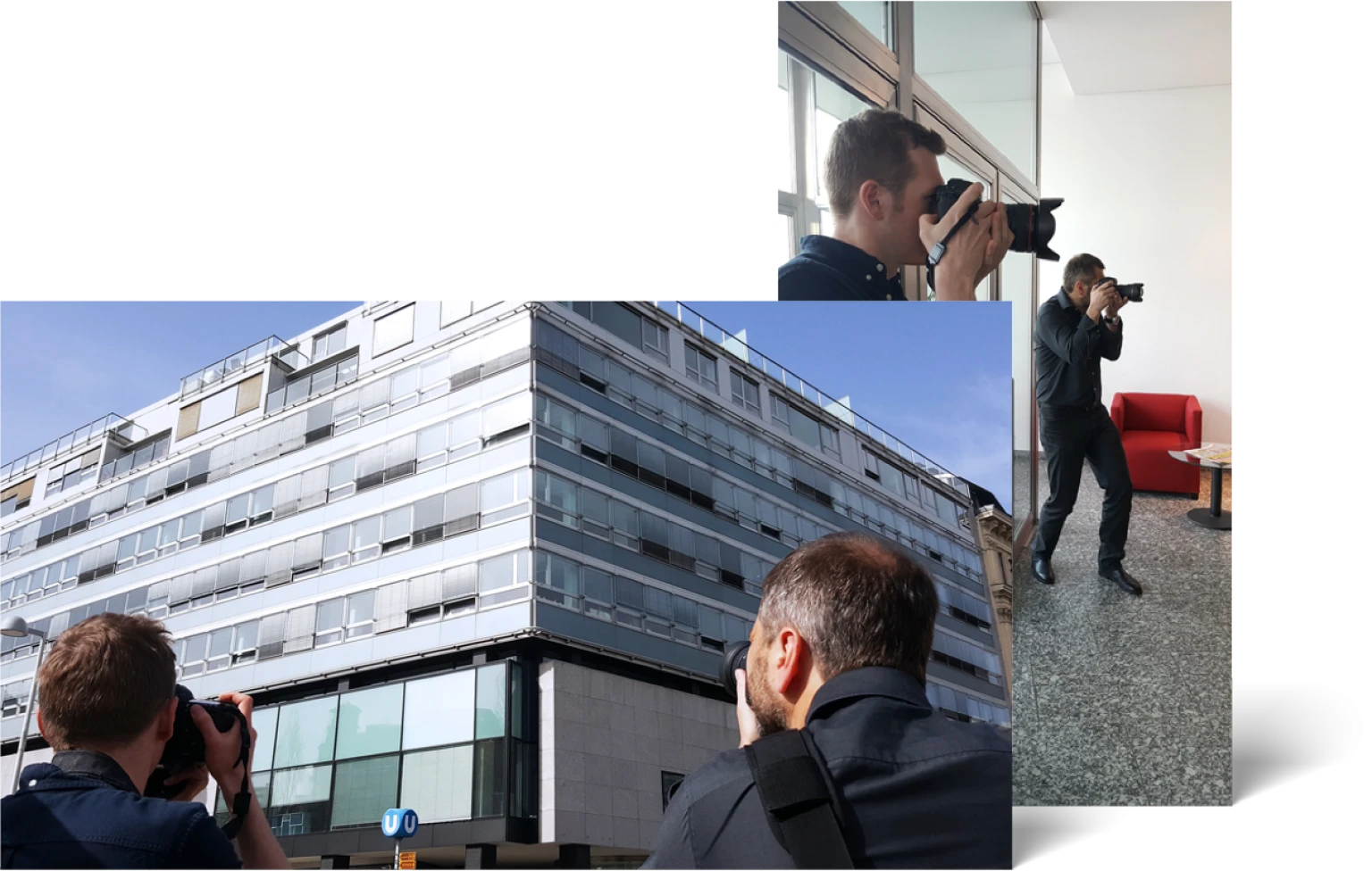 Collage aus zwei Fotos: im Vordergrund fotografieren zwei Maenner mit Kameras die Fassade eines modernen Buerogebaeudes, im zweiten Bild die beiden Maenner in Seitenansicht indoor beim Fotografieren