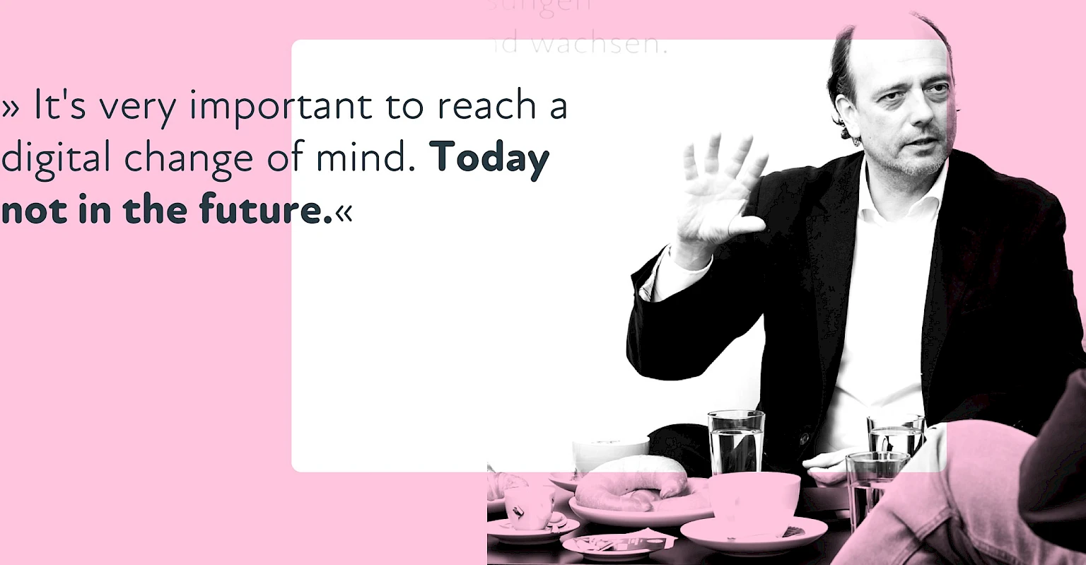 Man gesturing while speaking and a quote about the importance of digital transformation