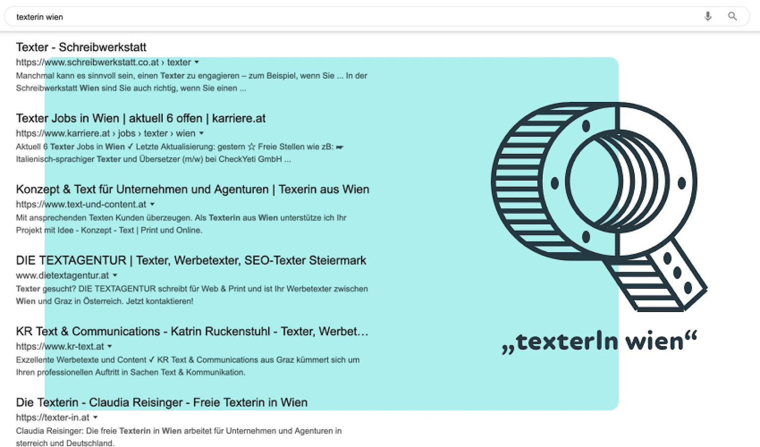 Screenshot einer Suchanfrage nach TexterIn Wien mit Suchergebnissen, kombiniert mit Lupe im Verdino-Style