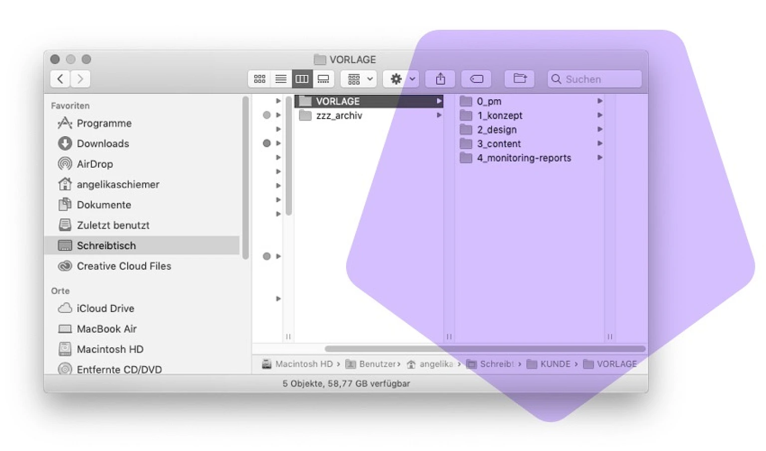 Screenshot eines macOS Finder-Fensters mit geoeffneter Ordnerstruktur