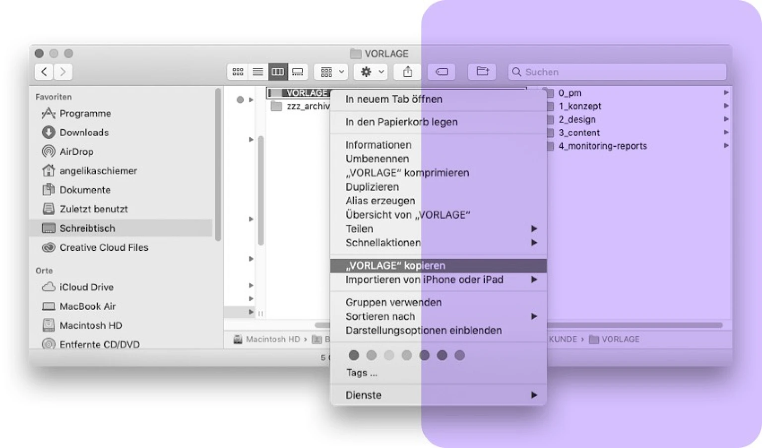 Screenshot MacOS-Dateimanager mit geoeffnetem Kontextmenue