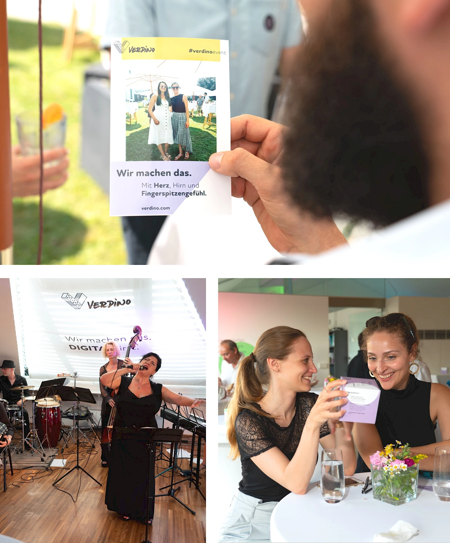 Verdino-Sommerfest: Person haelt Foto-Ausdruck mit Verdino-Hashtag, Musikerin performt Live-Musik, zwei Frauen unterhalten sich ueber Flyer bei Stehtisch