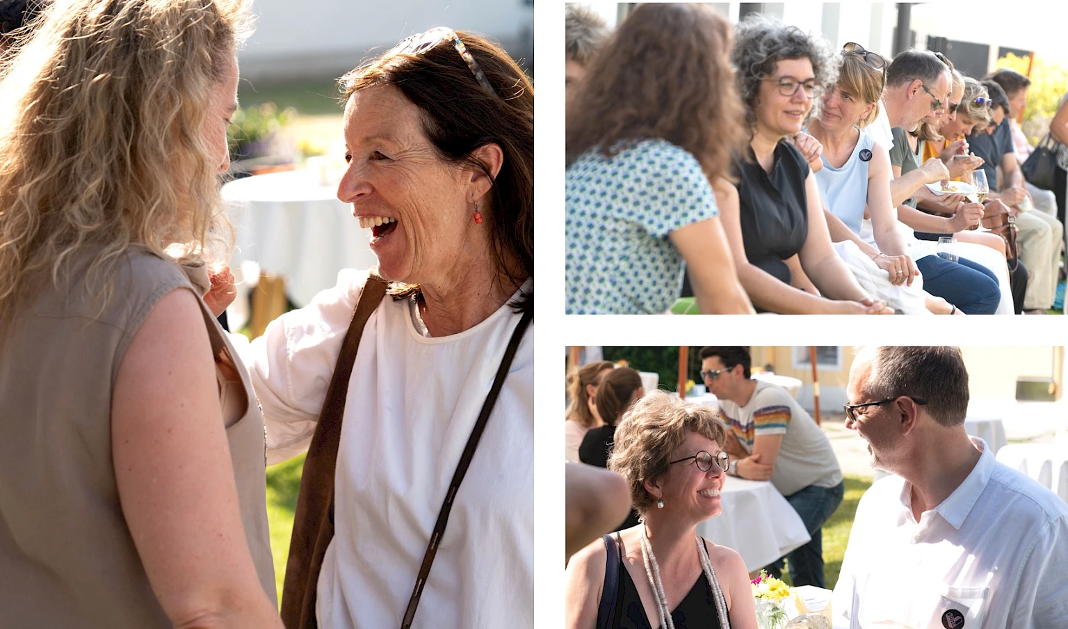 Networking-Event im Freien: Collage aus drei Bildern mit froehlichen Personen bei Gespraechen in entspannter Atmosphaere