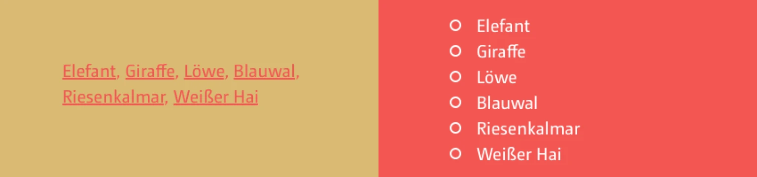 Vergleich zweier Aufzaehlungen: links in Textform, rechts mit Bulletpoints