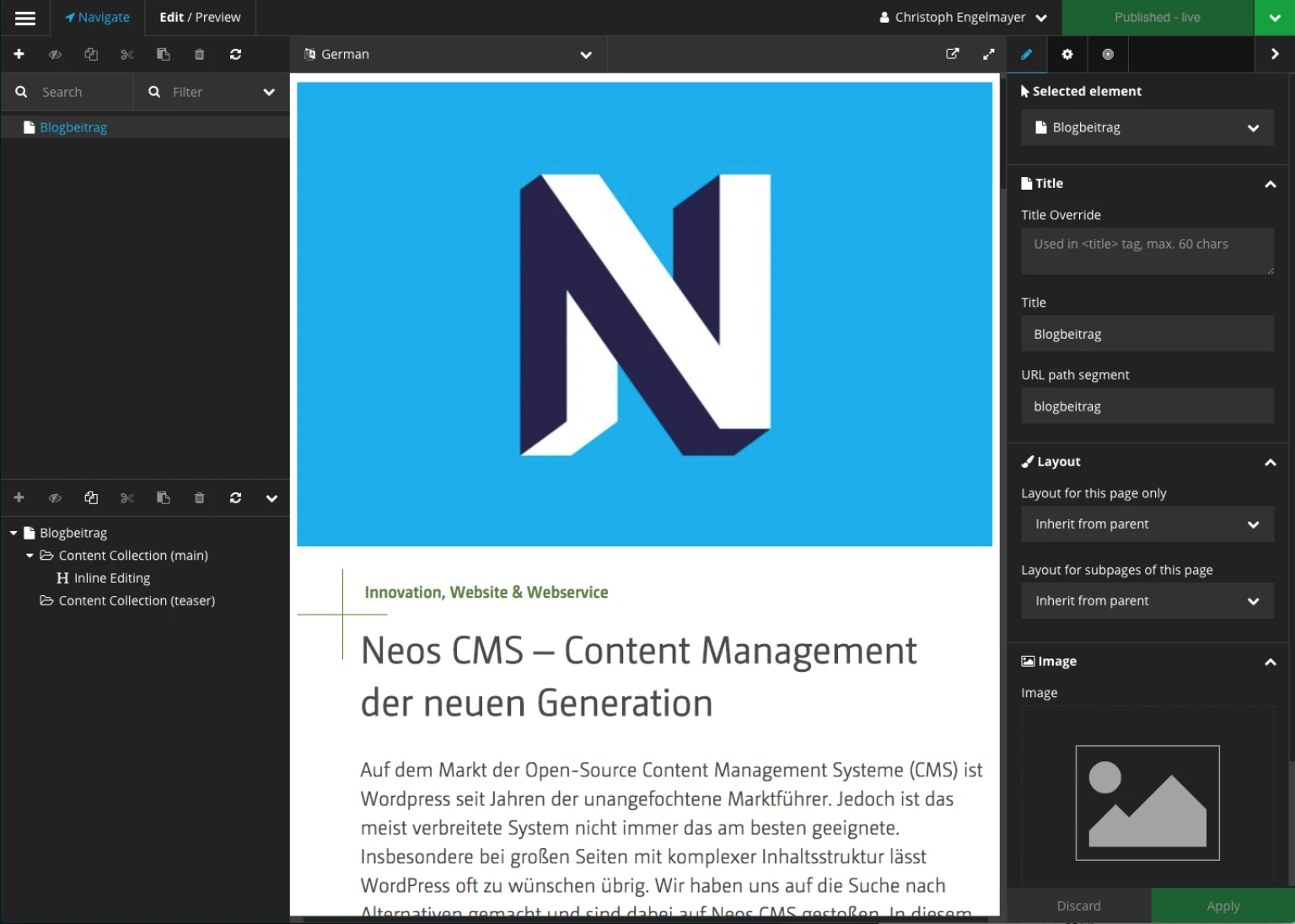 Screenshot der Bearbeitungsoberflaeche eines Blogbeitrags in Neos CMS