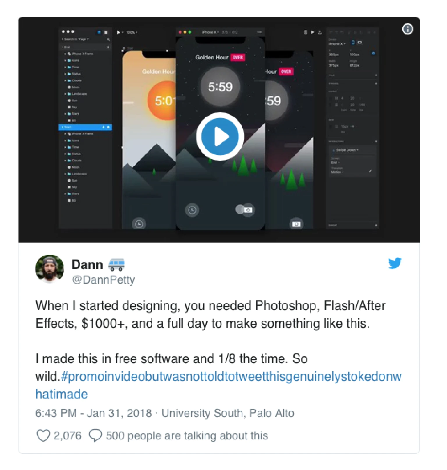X Post von Dann Petty ueber modernes UI-Design: Vergleich frueherer Design-Tools mit heutigen kostenlosen Softwareloesungen, begleitet von einem Demovideo