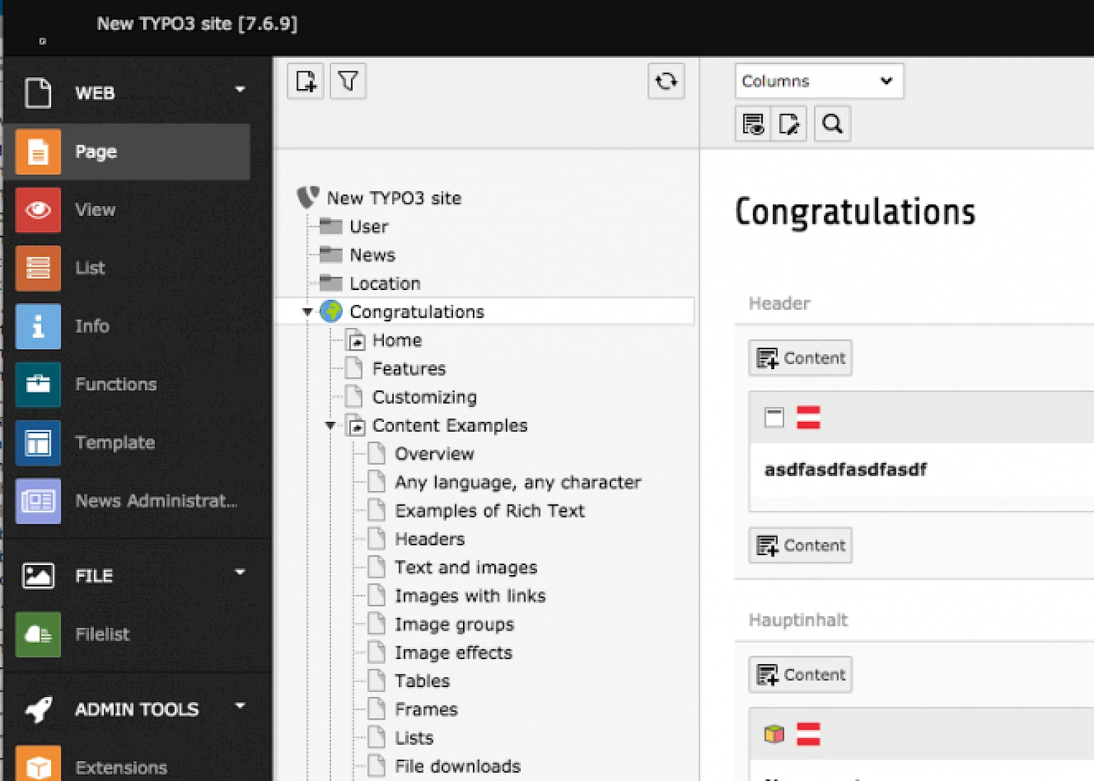 Interface von Typo3: Seitenbaum und Tools
