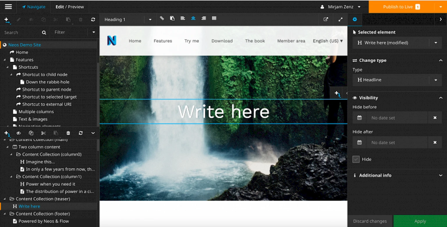 Screenshot des Neos CMS Editors: Bearbeitung einer Website mit visuellem Inline-Editing, Navigationsstruktur und Veroeffentlichungseinstellungen