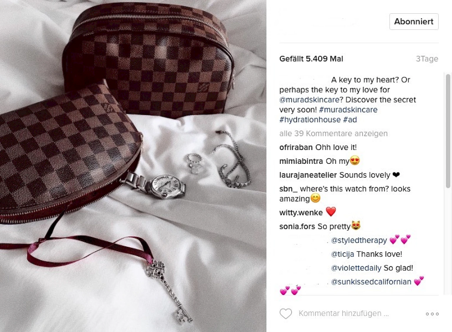 Screenshot eines Instagram-Beitrags: Bild einer Marken-Handtasche und Schmuck auf weißer Bettwäsche, daneben Kommentare und Hinweis zu bezahlter Werbung