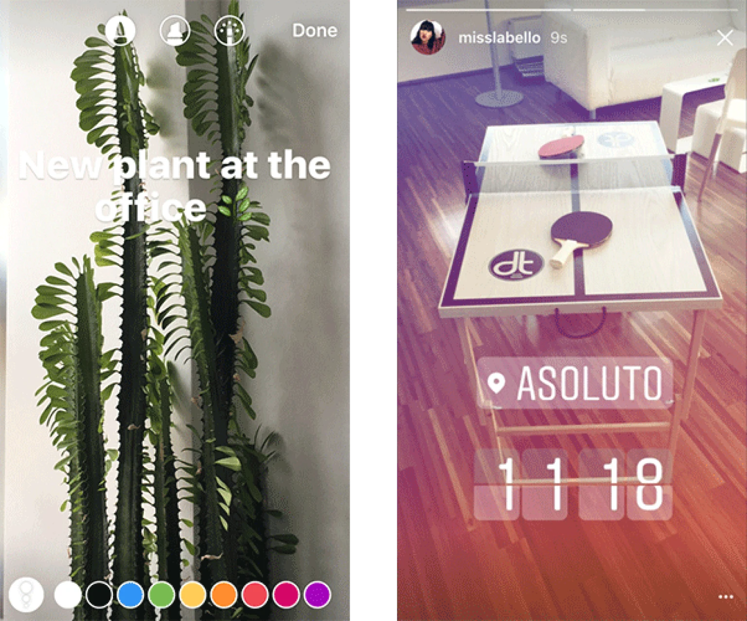 Instagram-Story-Screenshots mit bearbeiteten Bildern: links eine Bueropflanze mit Textbearbeitungsoptionen, rechts ein Tischtennistisch mit Standort-Tag und Uhrzeit