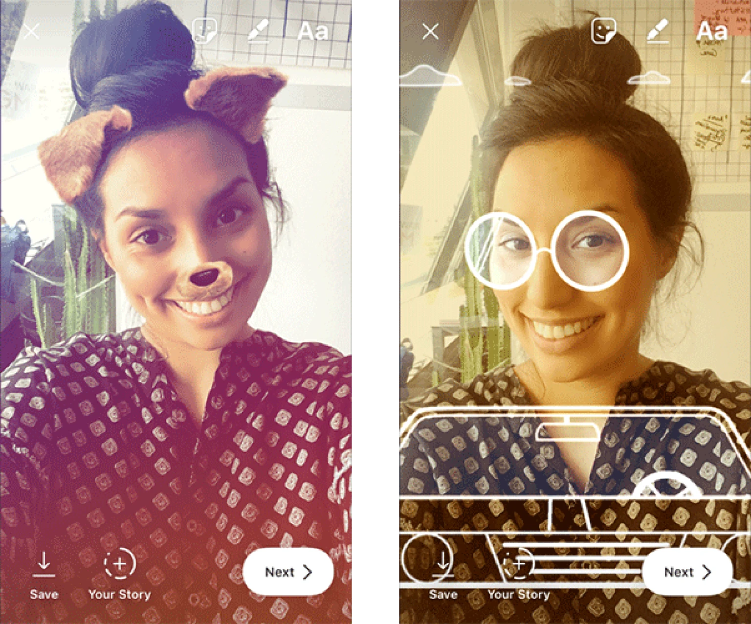 Zwei Instagram-Story-Screenshots mit Selfie-Filtern: links ein Hundefilter mit Ohren und Nase, rechts ein Filter mit Brille und grafischen Linien