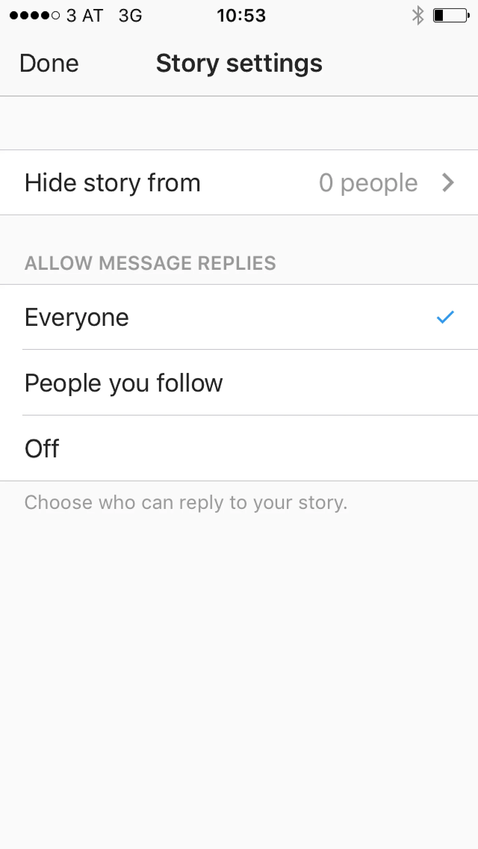 Instagram-Story-Einstellungen mit Optionen zum Verbergen der Story vor bestimmten Personen und zur Auswahl, wer auf die Story antworten kann