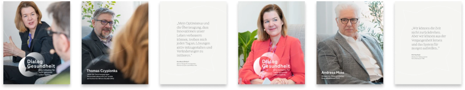 Collage aus Bildern des Podcasts Dialog Gesundheit: Portraits der Personen, sowie Zitate aus den Gespraechen